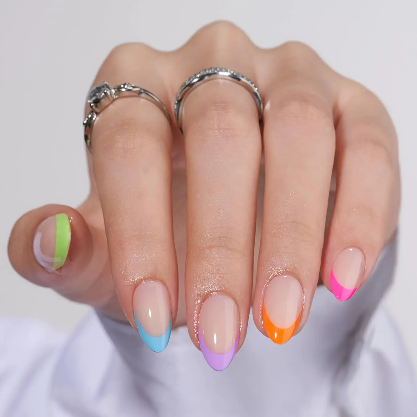 BTArtbox Press On Nails Short - Soft Gel French Tip Press On Nails Colorful Almond Glue On Nails with Nail Glue Reusable Stick On Nails in 16 Sizes Neon Rainbow French