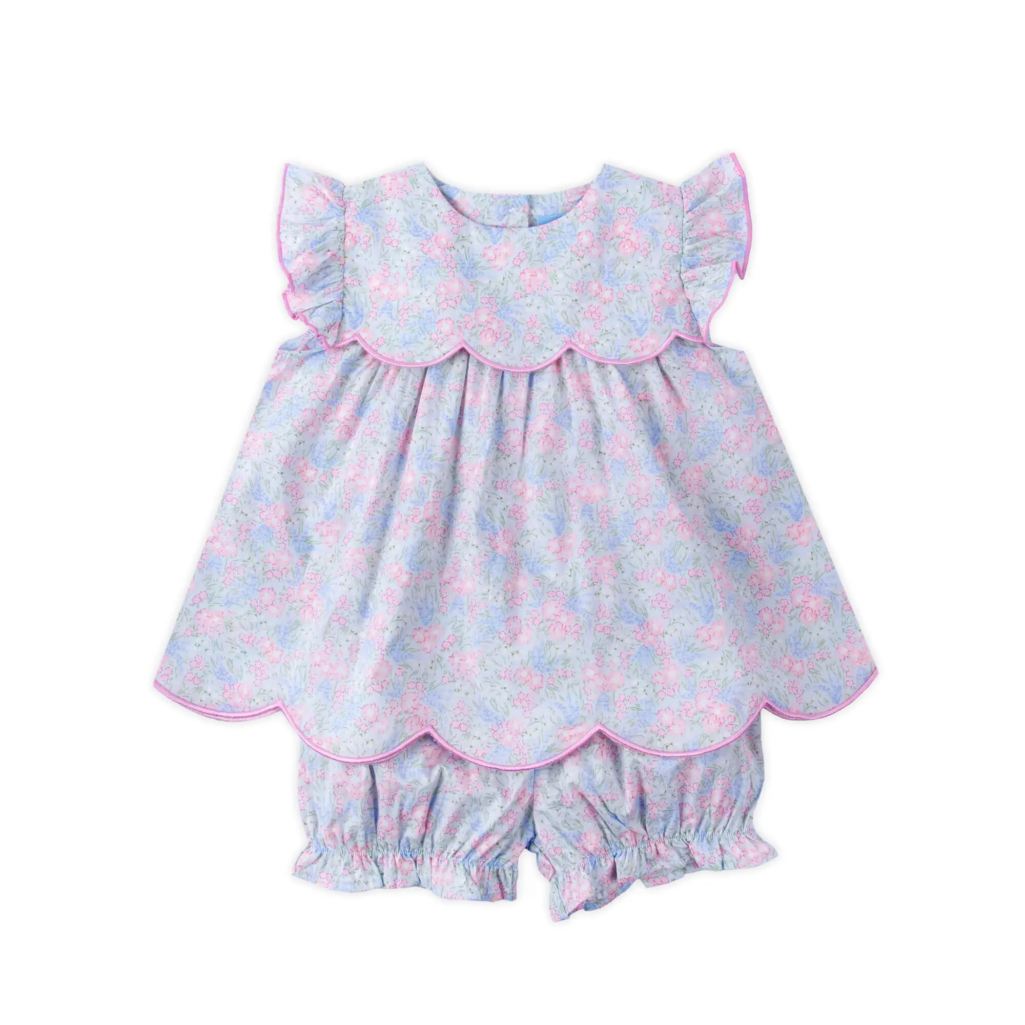Girls' Vintage Garden Blue Floral Amelia Bloomer Set - Classic Whimsy 2-Pc Outfit with Flutter Sleeves, Matching Bloomers, Scalloped Hem, Machine Washable
