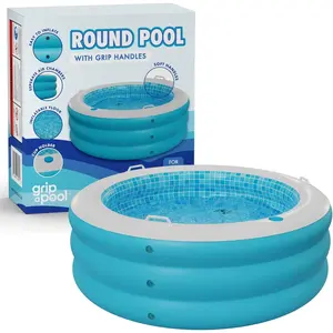 Inflatable Round Swimming Pool with Blow Up Padded Floor Cup Holder Handles Drain 60"x22" Deep Large Kiddie Pool Perfect for Adults and Kids Ages 4+