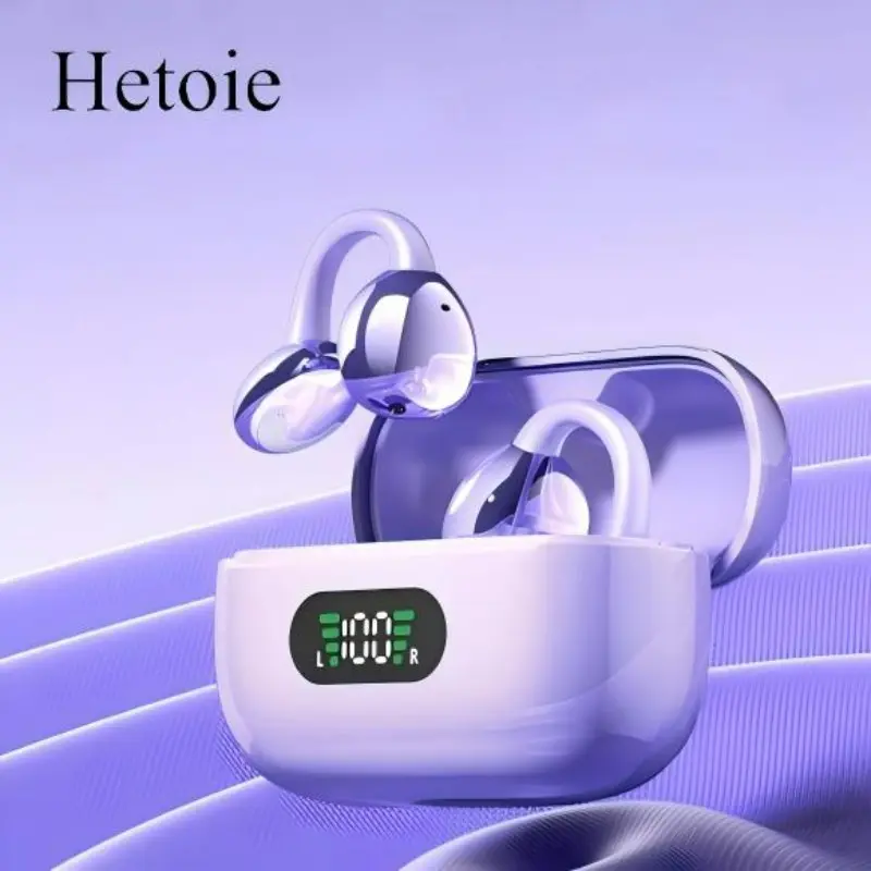 Hetoie 2026 New Open-Ear Clip-On Bluetooth-Compatible Wireless Earphones, Open Ear Earbuds, Everyday Earbuds, with LED Display, Hi-Fi Deep Bass Stereo, Comfortable All-Day Wear, Won't Fall Off During Sports, Suitable for Gaming, Exercise