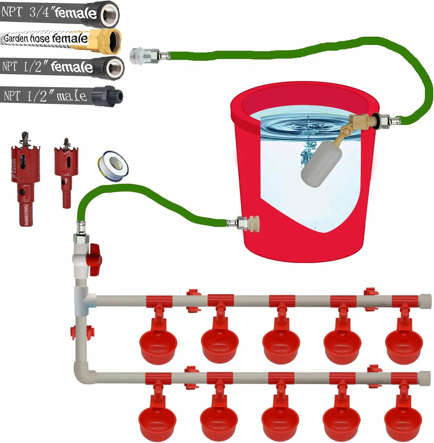 Complete Set Pipeline Automatic Chicken Waterer System,1/2" PVC Pipe Accessories DIY Kit with 2 Hose,Chicken Water Cup,Chicken Waters,Poultry Waterer,Duck Water Feeder for Quail Chicken Duck Goose