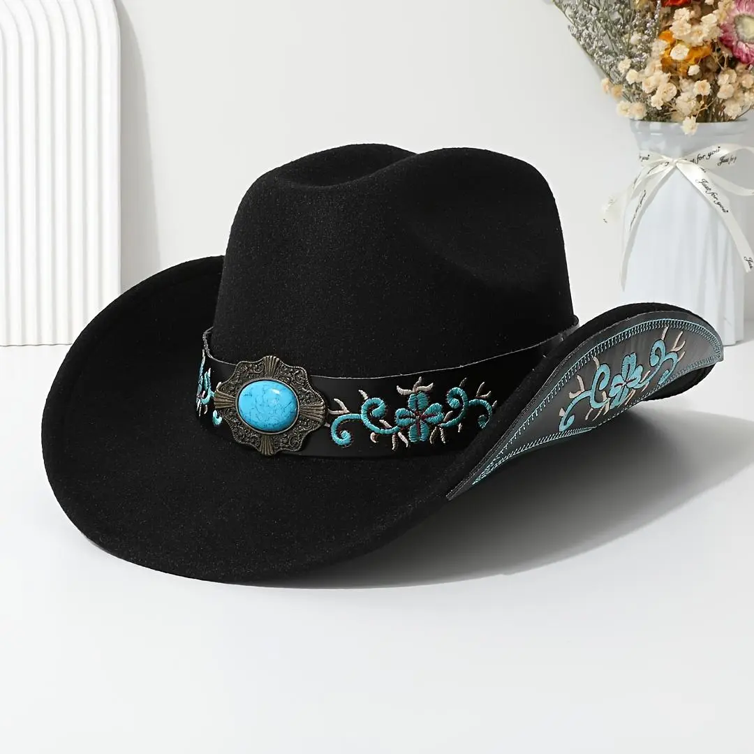 1 Top Hat Women'S Neutral Elegant Embroidered Colorful Gemstone Belt Fedora Embroidered Trim Cowboy Hat British Fashion Men'S And Women'S Luxury Fedora with Blue Turquoise Decorative Belt Novel Versatile Music Prom Graduation Ceremony, Cowboy Hat Hats, We
