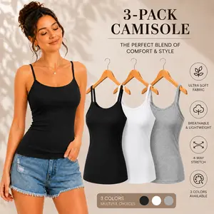 【3 Pack】Womens Cami Tank Tops Soft Stretch Breathable Camisoles Basic Layering Sleeveless Spaghetti Strap Tanks Casual Fitted Cotton Blend Undershirts Everyday Essential Summer Tops for Women Lounge Workout Black White Gray Nude Pink Lavender S-XXL