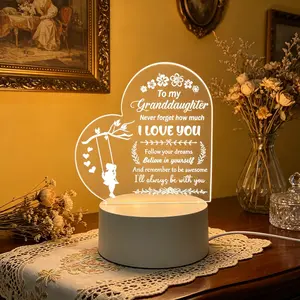 Heart Shaped Flat Engraved Acrylic Night Light, I Love You Inspirational Gifts for Granddaughter from Grandma Grandpa, Warm LED Bedside Lamp for Birthday Graduation Christmas Present