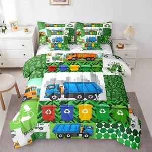 GarBage Truck 7 Pcs Comforter Set,Bed in a Bag,Cartoon Car Waste Truck Bed Set,Room Decor,Green Blue Bedding Sets