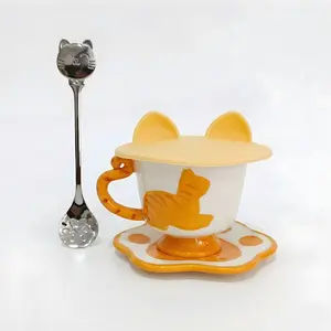 Cat-patterned tea cups, a set of 4 ceramic cats, coffee cups, tea cups and milk cups. Representing the new era's youthful and fashionable style, they are heat-resistant and can withstand high temperatures. Made of safe and harmless materials. removable