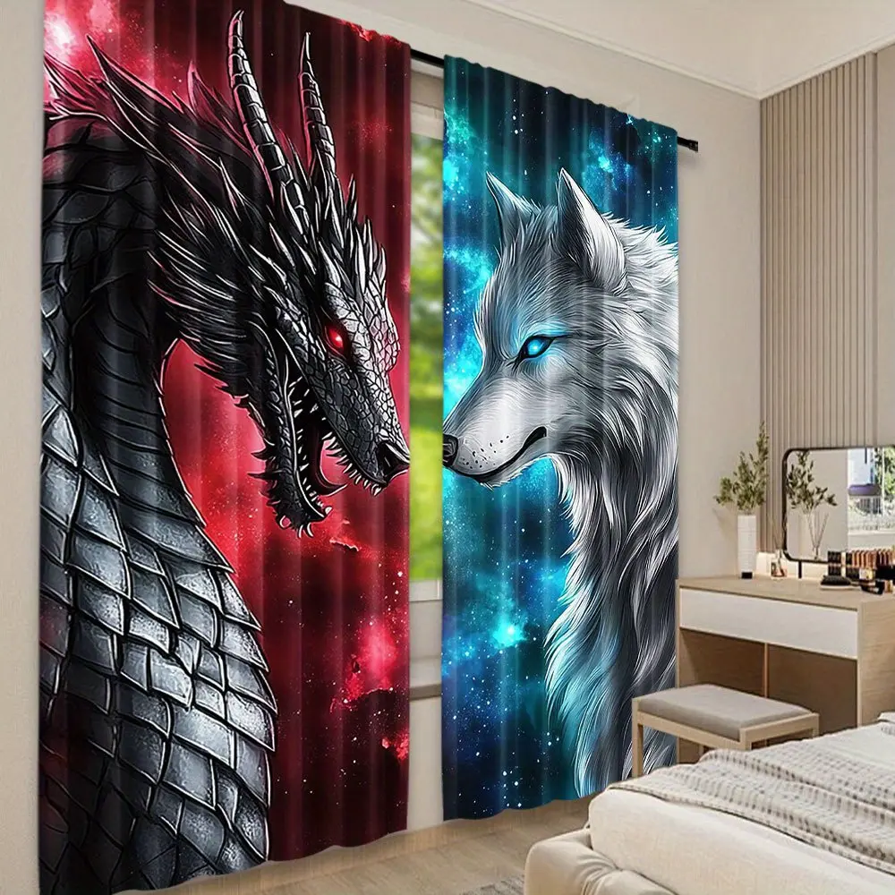 2pcs Fantasy Wolf and Silver Mechanical Dragon Curtains - Galaxy Blue, Blackout Panels for Living Room, Bedroom, Office - Polyester, Various Sizes (29.53x 65.35inch ,41.34x 90.55inch ,51.18x 82.68inch ) - Modern Style, Machine Washable