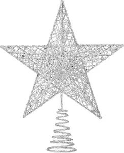 Christmas Tree Toppers Xmas Glitter Silver Hollow Star Treetop Topper for Christmas Tree Decoration