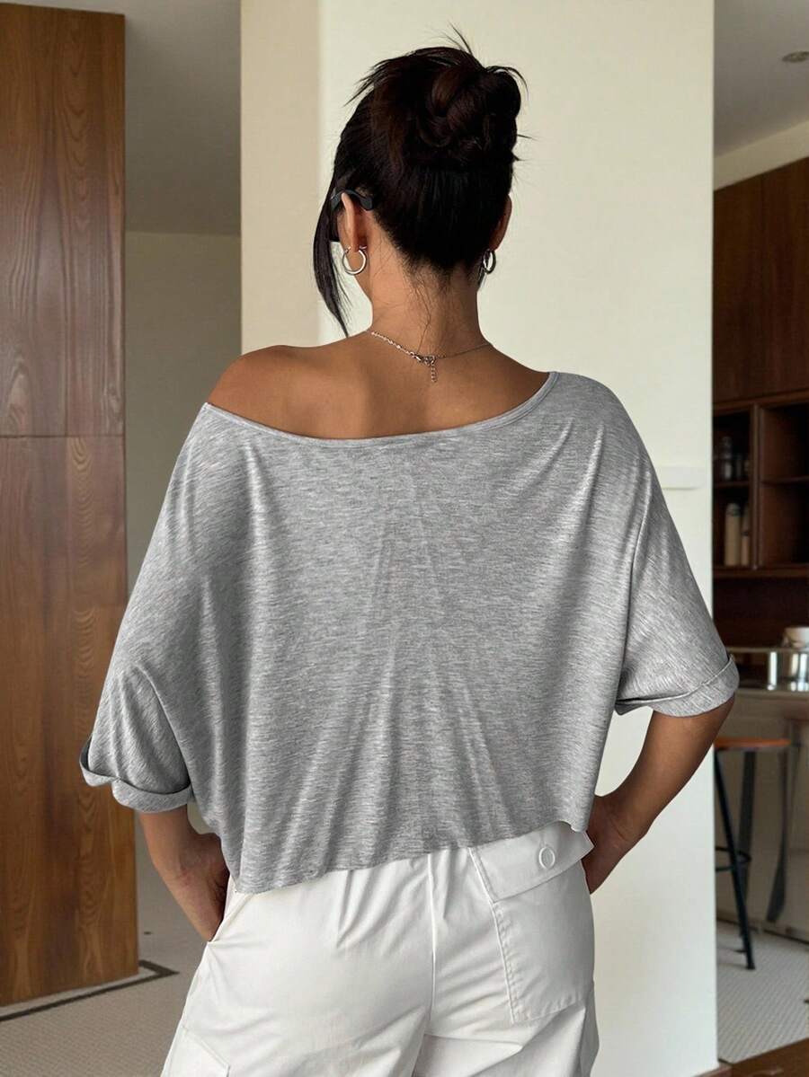 Women's Grey Summer Casual T-Shirt, Open Shoulder Asymmetric Neck Loose Knit Top,Chic Cotton Tee For Beach,Vacation,Festival Or Outdoor Occasion