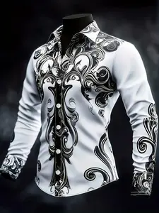Men's Fashion Graphic Long Sleeve Collared Button Front Shirt, Slim Fit Pattern, Casual Business Wear, All Seasons Blouse, Full Placket Design