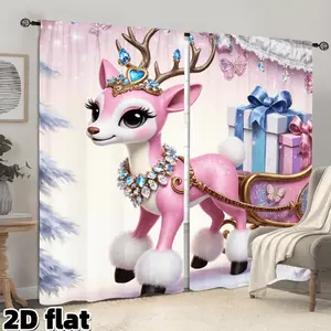 2D Flat 2Pcs Magical Pink Deer Princess Curtains Crystal Crown Butterfly Pattern Semi Sunshade Curtain Panel Rod Pocket Style Suitable for Living Room Bedroom Balcony Kitchen Study Window Decoration Christmas Gift Window Accessory Privacy Protection