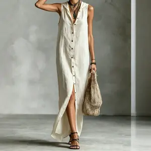 Women's Sleeveless Hooded V-Neck Button-Down Loose-Fit Breathable Maxi Dress, Womenswear Casual Summer Beach Dress