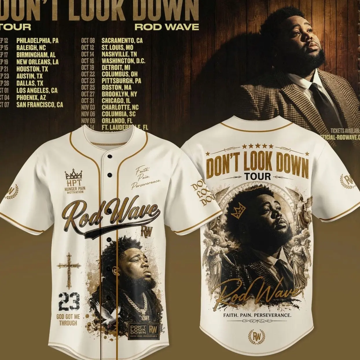 Rod Wave Baseball Jersey, Don't Look Down Tour 2026 Button Up Shirt for Men & Women, Concert Music Fan Apparel, Hip Hop Streetwear Gift