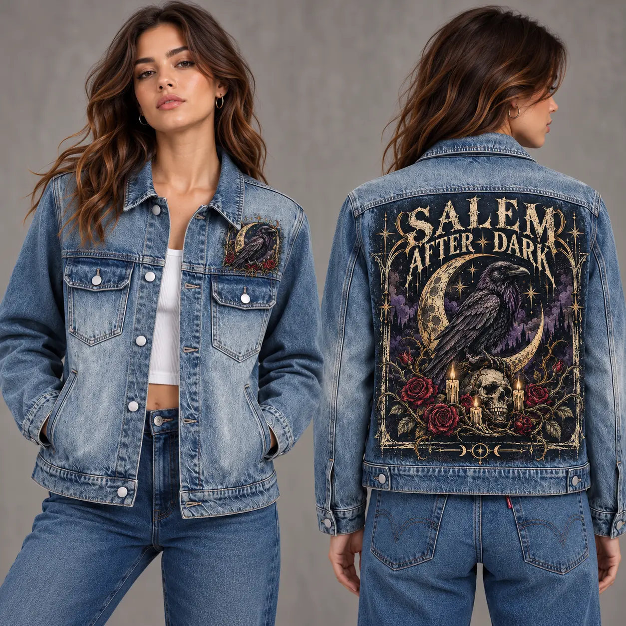 Custom Salem Witch Denim Jacket, Gothic Raven Skull Rose Printed Washed Jean Jacket With Front and Back Print, Women's