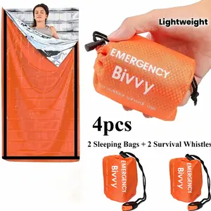 4pcs Emergency Sleeping Bag (2 Sleeping Bags + 2 Survival Whistles), Survival Shelter Bag, Mylar Thermal Emergency Blanket, Lightweight Portable Shelter for Camping Gear, Hiking, Outdoor Activities, Backpacking