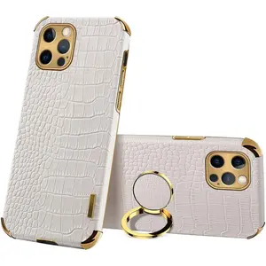 Compatible with iPhone 16 Pro Max Ring Holder Case Luxury Crocodile Cover Gold Edge 360 Degree Rotation Stand Compatible with Women Slim Leather Snake Lizard Skin Protective Cover case,White