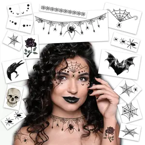 FashionTats Halloween Costume Temporary Tattoos Kit - 15 Large Designs Including Spider Choker Skull Bat Black Rose & More - Made in USA Skin Safe Removable Cobweb Bracelet Raven