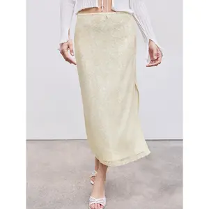 Cider [size 2-10] Lace Floral Sequin Mid Rise Split Midi Skirt