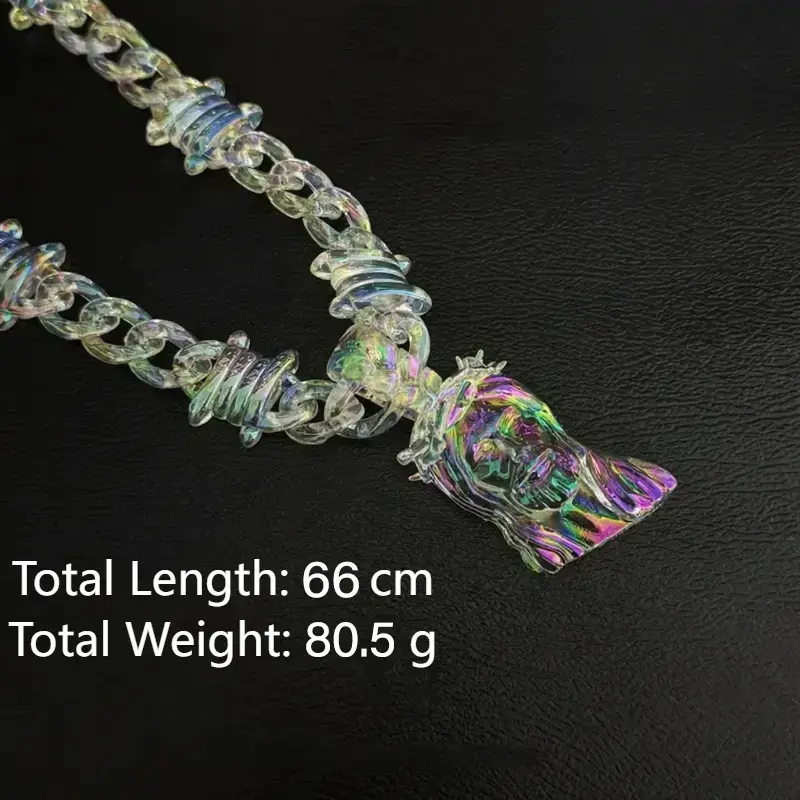 Unisex Iridescent Transparent Acrylic Jesus Pendant Necklace, 3D Carved Gold Plated Faith Jewelry, Light Responsive Shine Statement Necklace, Casual Street Outdoor Accessory