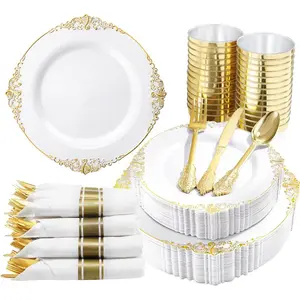 350-piece golden yellow plastic dinnerware set (suitable for 50 guests) - Includes 100 disposable dinner plates, 150 pieces of cutlery, 50 cups, and 50 napkins, suitable for weddings, parties, Thanksgiving, and other occasions.