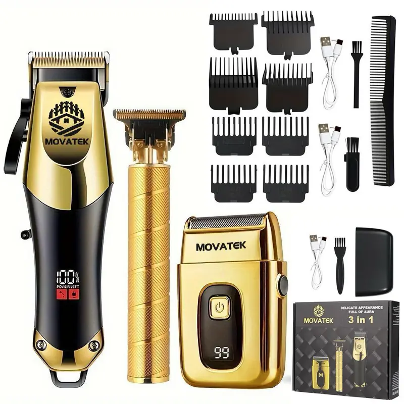 Movatek 3 in 1 Gold & Black Hair Clipper Trimmer & Shaver Set