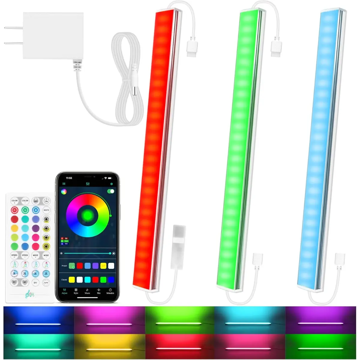 3 Pcs RGB Under Cabinet Lights Kit for Kitchen, Counter, and Desk - Smart App and Remote Control Dimmable LED Lights