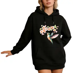 Women’s Boho Style Hoodie with Hummingbird and Flowers – Loose Fit, Soft Fabric for Spring & Summer