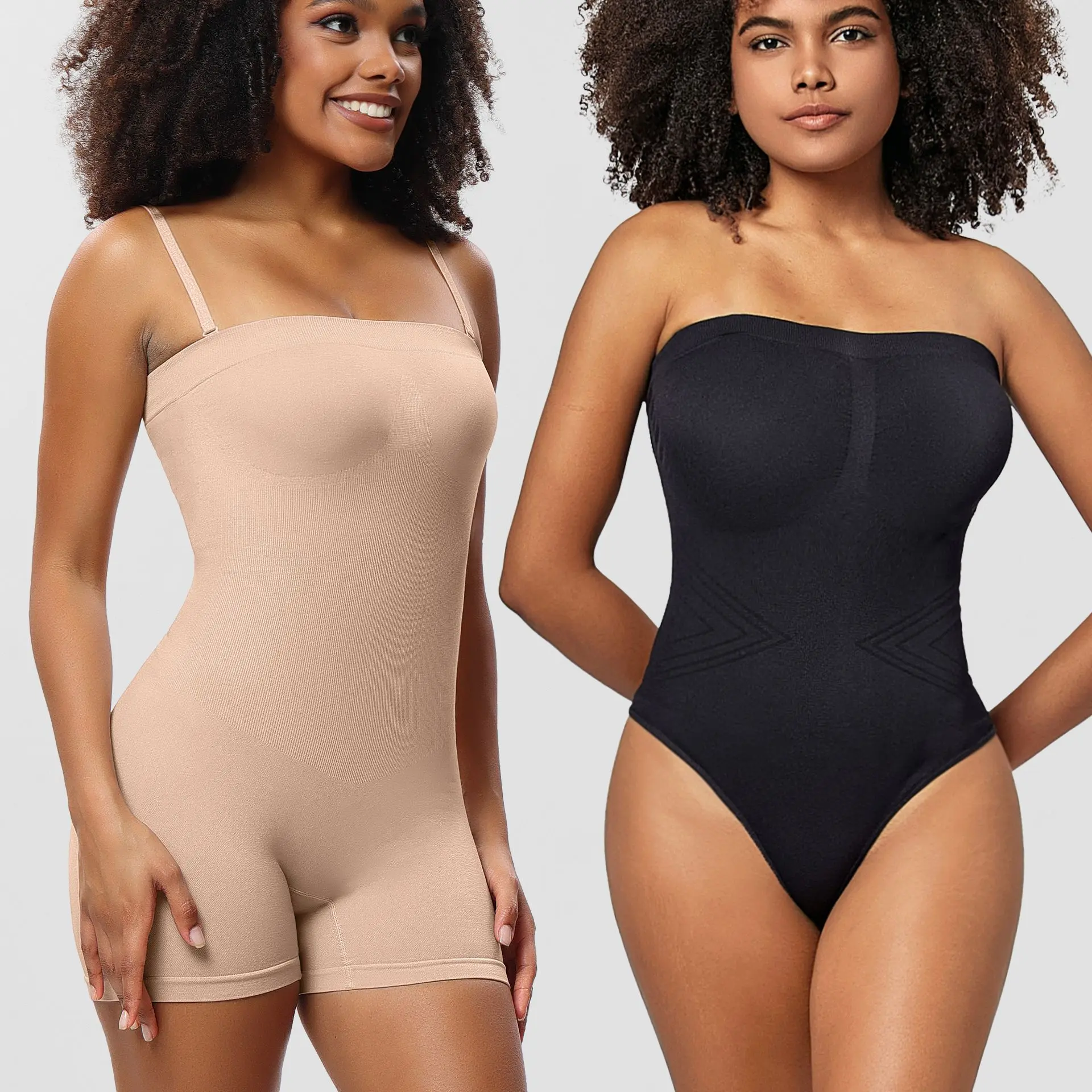 2 Styles Strapless Shapewear Bodysuit for Women, Detachable Adjustable Strap Tummy Control Shaper, Seamless Ribbed Butt Lifter, Boy Short & High Cut Thong Bottom, Black Nude Two Colors
