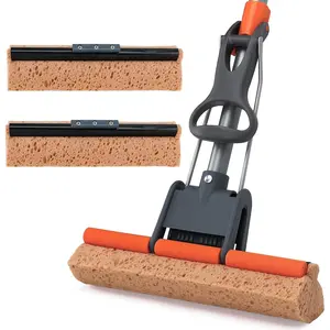 Sponge Mops for Floor Cleaning with 2 Cellulose Mop Head Refills and 55” Long Handle, Heavy Duty Roller Mop, Easy Self Squeeze for Hard Wood Tile Concrete Bathroom or Kitchen Floor Wall Ceiling