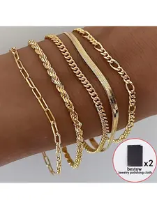 5 Pcs Gold Stainless Steel Bracelet Set for Women, Elegant and Luxury Non-Fading Jewelry, Suitable for Daily & Party Wear, Ideal Birthday Gift.