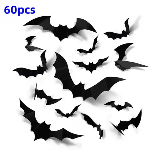 Bat Shaped Decorative Wall Sticker, PP Material, 60pcs/set 3D Bat Wall Decals, Spooky Halloween Theme Wall Art Decoration, Decorative Stickers, Seasonal Decoration for Living Room, Bedroom, Hotel and School, Decoration Items