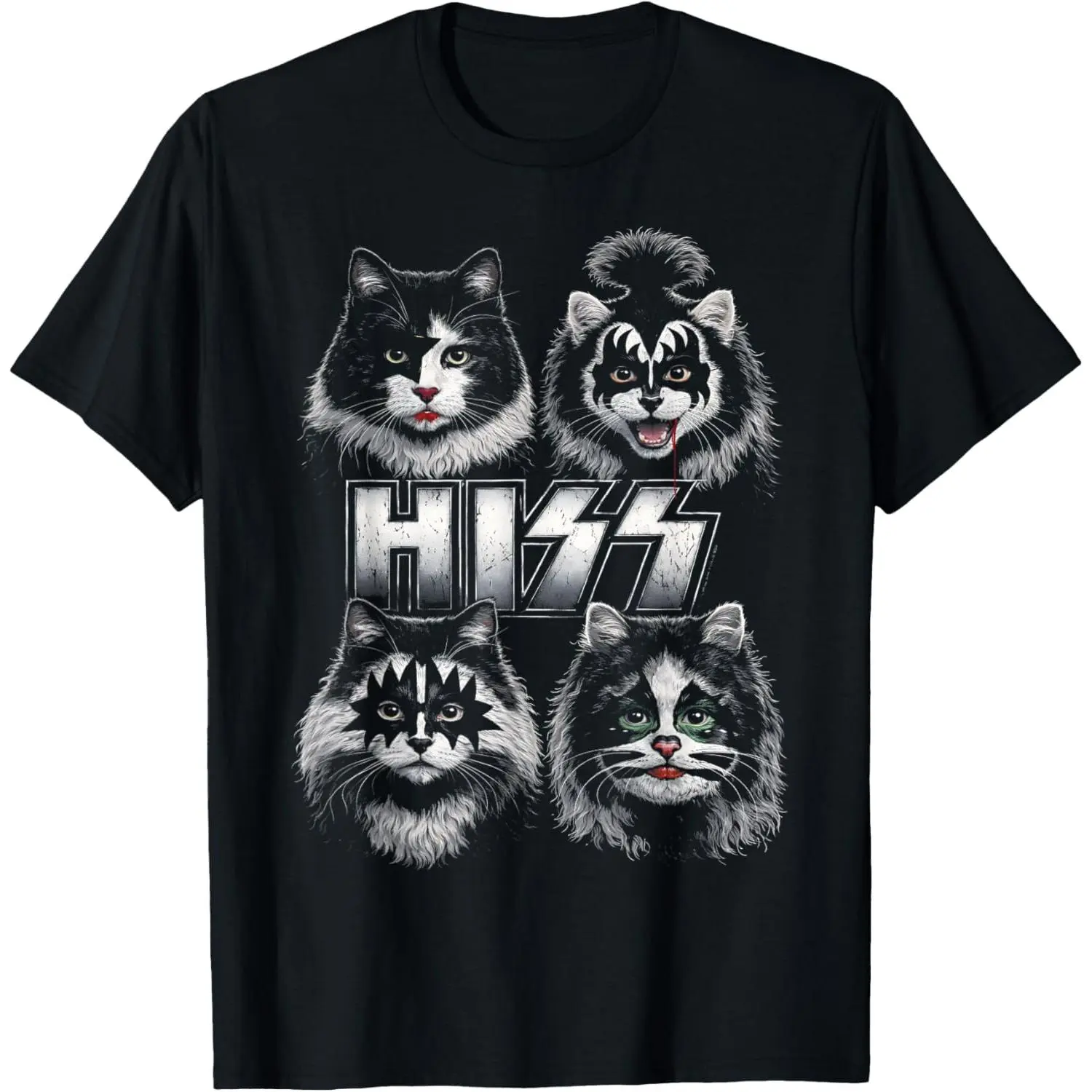 Women's 100% Cotton Short-Sleeve Vintage Distressed Casual Streetwear T-Shirt - Hiss Cat Funny Kittens Design for Rock Music Lovers, Birthday Gift Idea