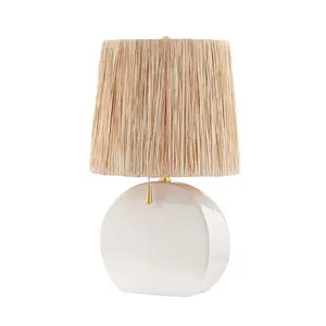 Aneesa Table Lamp with Glossy Crackle Glaze and Raffia-Lined Shade in Aged Brass Accents
