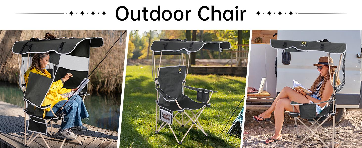 Camping Chair with Canopy, Chair with Shades, Sports Chairs, Folding Chair with Canopy, Detachable Shade Canopy, Side-Pocket and Cupholder