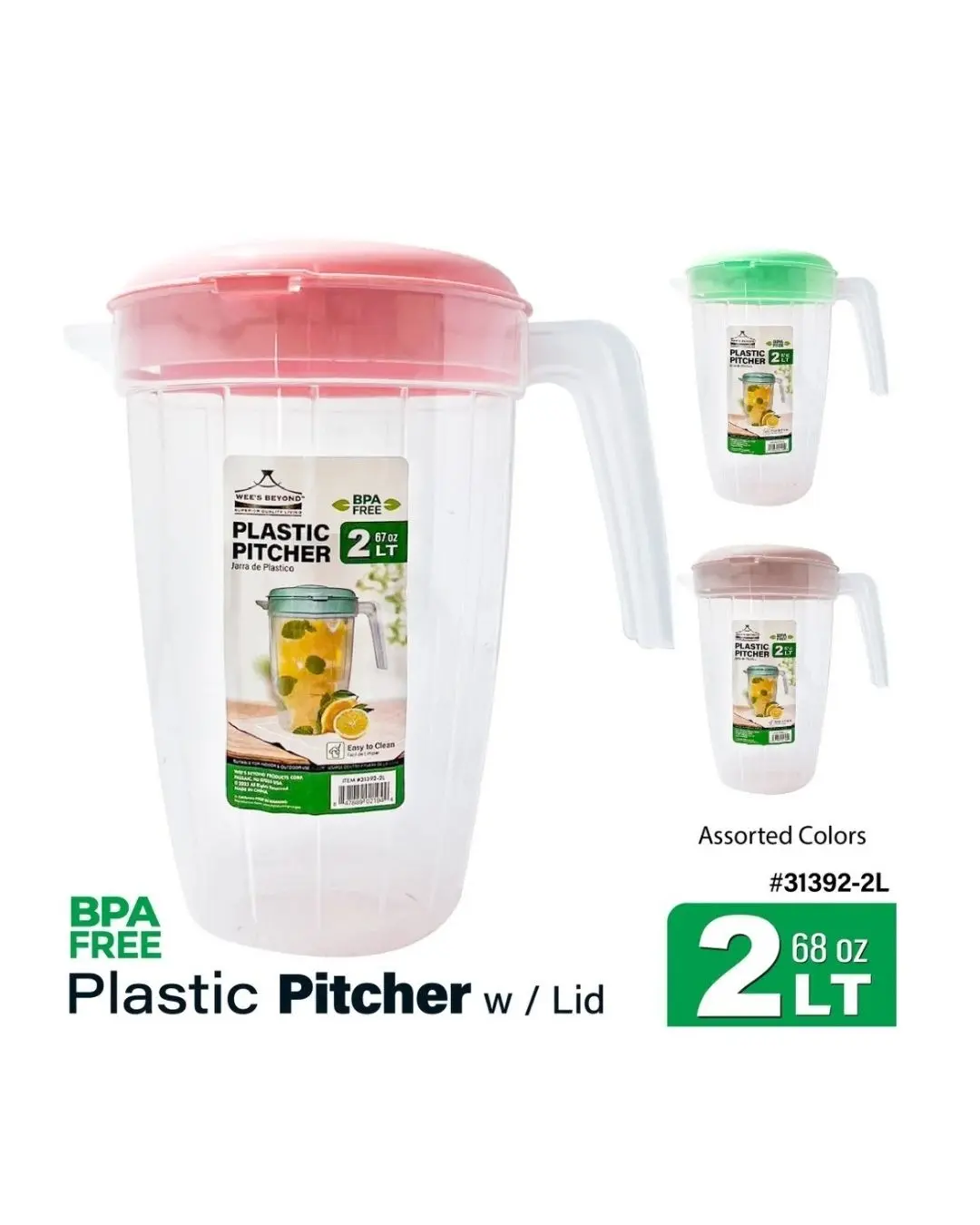 WEE'S BEYOND 2L Plastic Water Pitcher with Lid, BPA-Free 68 oz Juice Jug with Handle & Pour Spout, Assorted Colors