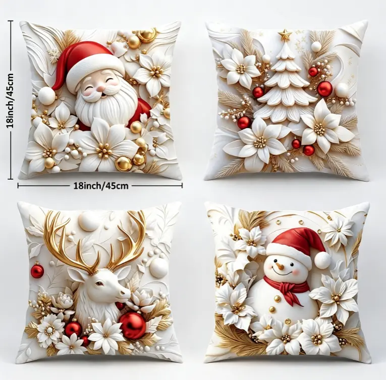 18 Inch 4 pcs Christmas Throw Pillow Covers, Snowman, Reindeer And Tree Motifs, Decorative Cushion Cases, For Home Sofa Decor, Holiday Parties,ChristmasAnd Winter Seasonal Arrangements