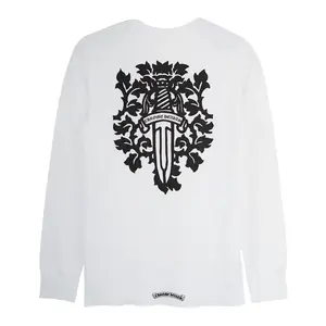 Men's Casual Round Neck Thermal Longsleeve Top with Chrome Hearts Vine Dagger Logo, White and Black T-Shirt, Longsleeves