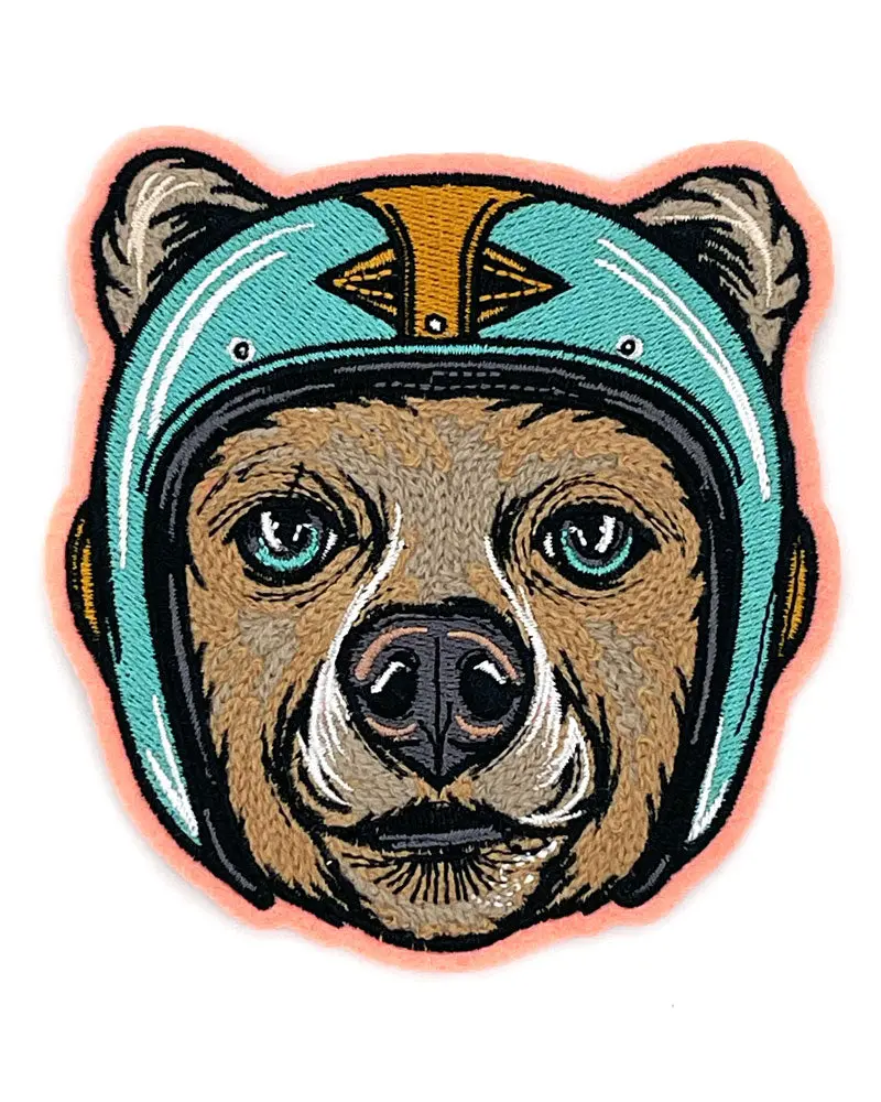 Custom Moto Bear Chain Stitch Embroidery Patch - 4" Wide, Heat-Cut Edge, Heat-Cut Felt Edges, Beautifully Detailed & Illustrated, Easy to Sew On Sewing Supply for Fabric Decoration