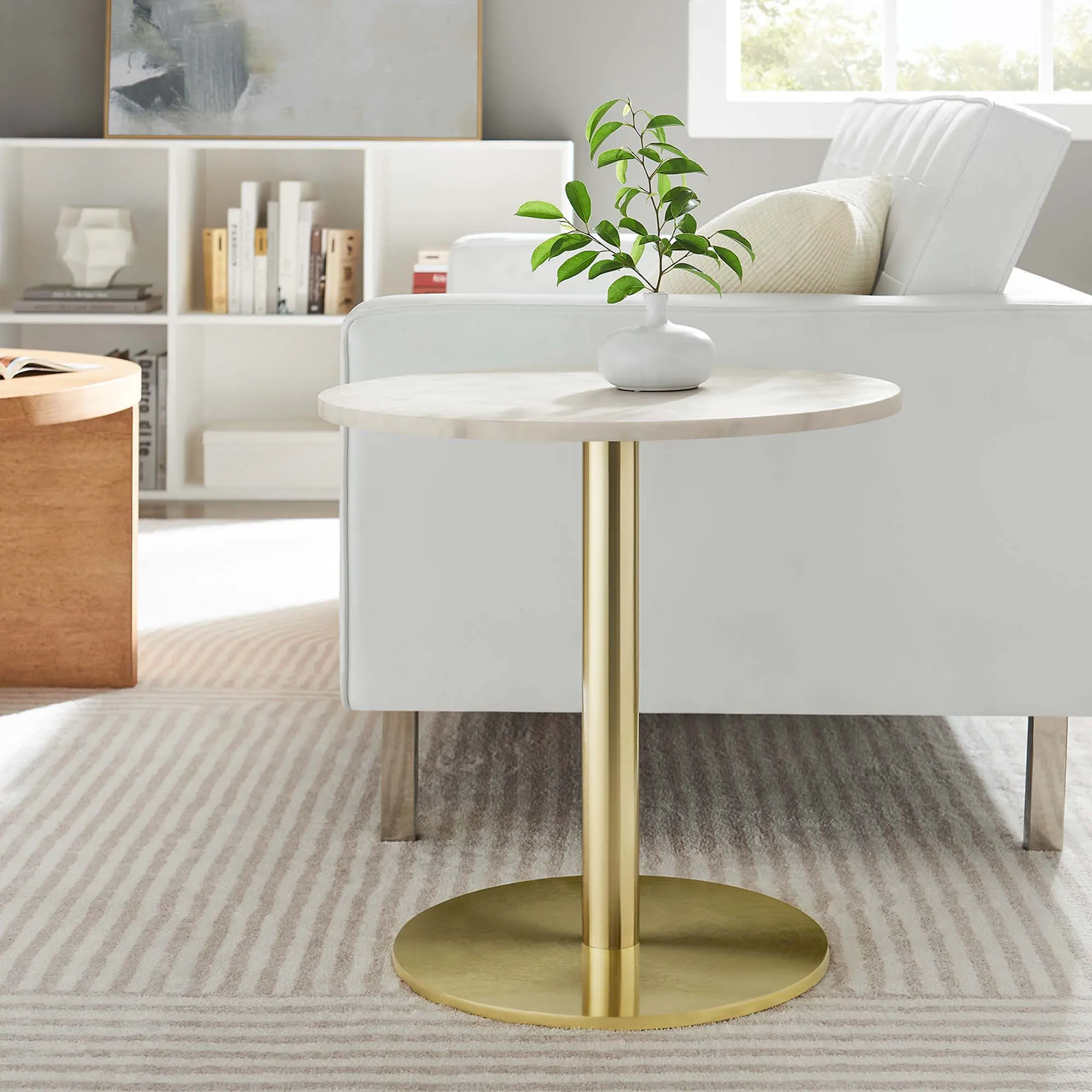 Modway Viva Round White Marble Side Table in Brass White