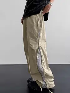 Men's Loose Fit Wide Leg Pants, Breathable Mesh Side Zipper Outdoor Casual Trousers, Comfortable and Stylish Men's Clothing