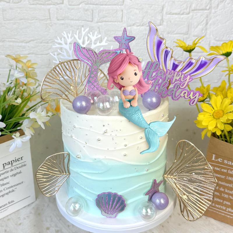 Mermaid cake toppers with 3d mermaid shell starfish fishtail balls for kids girls birthday party baby shower supplies style1