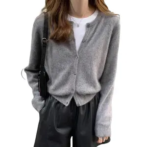Women’s Solid Button-Through Cardigan with Long Sleeves for Spring and Autumn, Fabric Fit, Casual Minimalist OL Style, Grey Knitwear