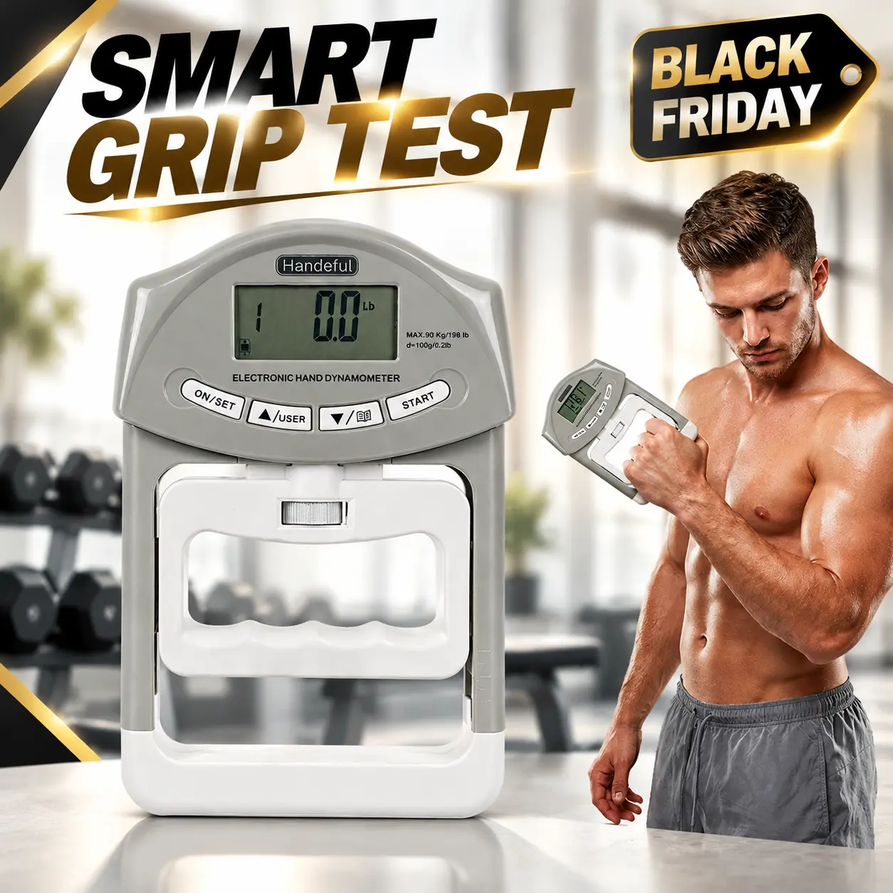 Handexer Digital Hand Dynamometer - 198 lbs Fitness Exercise Equipment, Bionic Design, Large Easy-to-Read LCD, Adjustable Unisex Grip Training Aids for Athletes, Physical Therapy, Home Gym, Black Friday & Cyber Monday