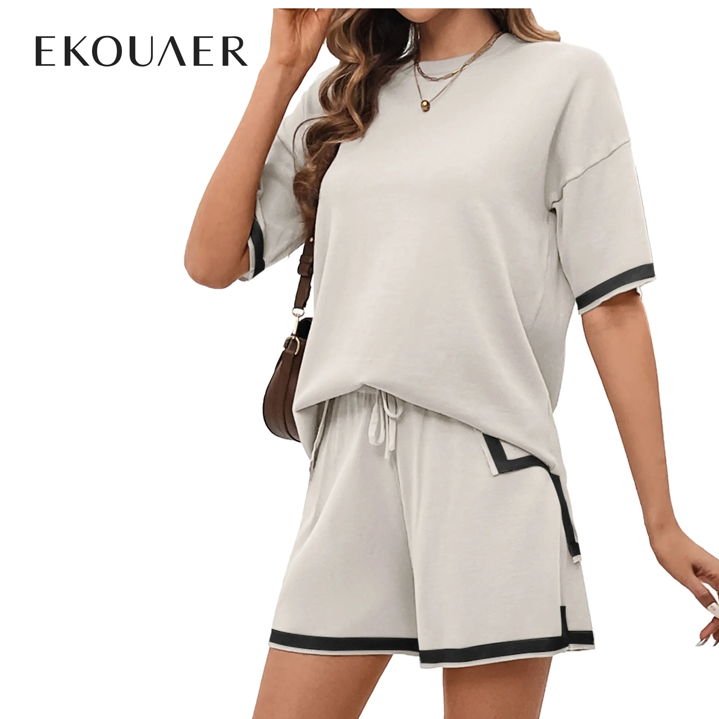 EKOUAER Summer Women's knitted two-piece comfortable set of short- summer sleeved pullover pajamas, casual nightwear, elasticated EKOUAER Summer Women's knitted two-piece comfortable set of short- summer sleeved pullover pajamas, casual nightwear, elasticated