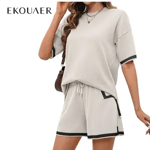 EKOUAER Spring Women's knitted two-piece comfortable set of short- summer sleeved pullover pajamas, casual nightwear, elasticated EKOUAER Spring Women's knitted two-piece comfortable set of short- summer sleeved pullover pajamas, casual nightwear, elasticated