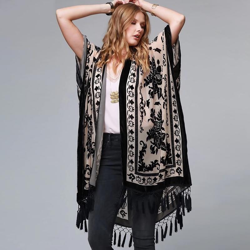 WeHello Women's Boho Burnout Velvet Kimono Long Cover Up with Tassel Casual Cardigan Shawl Flowy Fabric Beachwear Suit Womenswear Clothes Swimwear Coverups