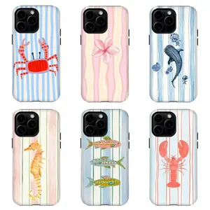 Bright Summer Marine Life Phone Case, Colorful Striped Whale Shark & Lobster Art Cover For iPhone 11 12 13 14 15 16 17 Pro Max