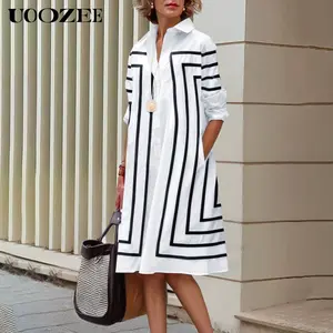 UOOZEE Women's 2025 Collared Half-Sleeve Loose Fit Button-Front Striped Midi Dress Shirt, Cotton Pockets, Breathable Light Sheer Fabric, Lady's Spring Summer Casual Outfits, Women's Clothes, Spring Dresses for Women,summervibes