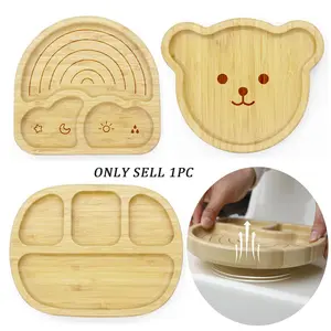 Bamboo Baby Feeding Plate with Suction Cup Base, Cute Bear Design, Four-Section Rainbow Style, Random Color Bottom Sucker, Feeding Tray, Play Food Tableware
