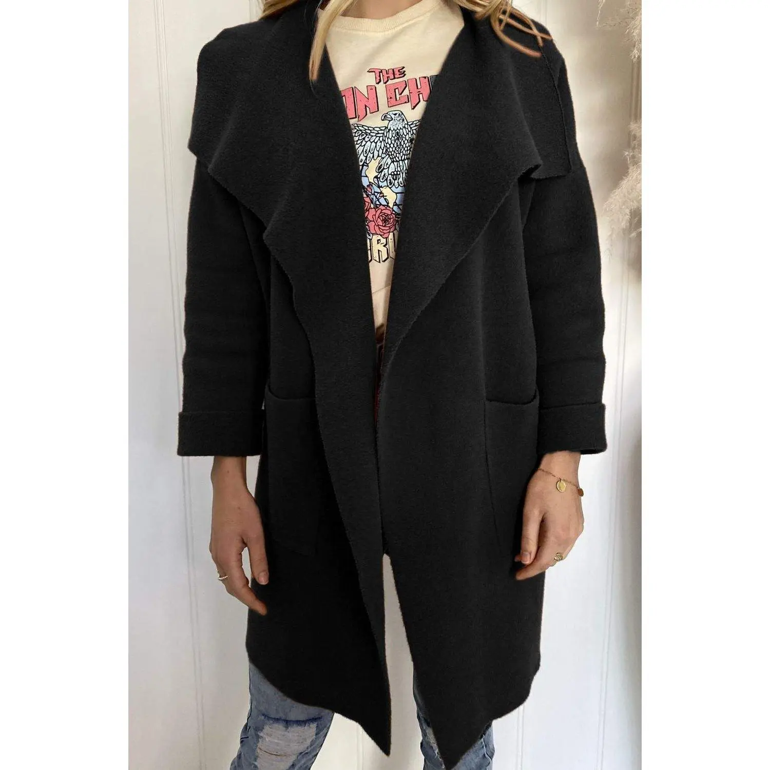 Waterfall Collar Brushed Longline Coat with Pockets